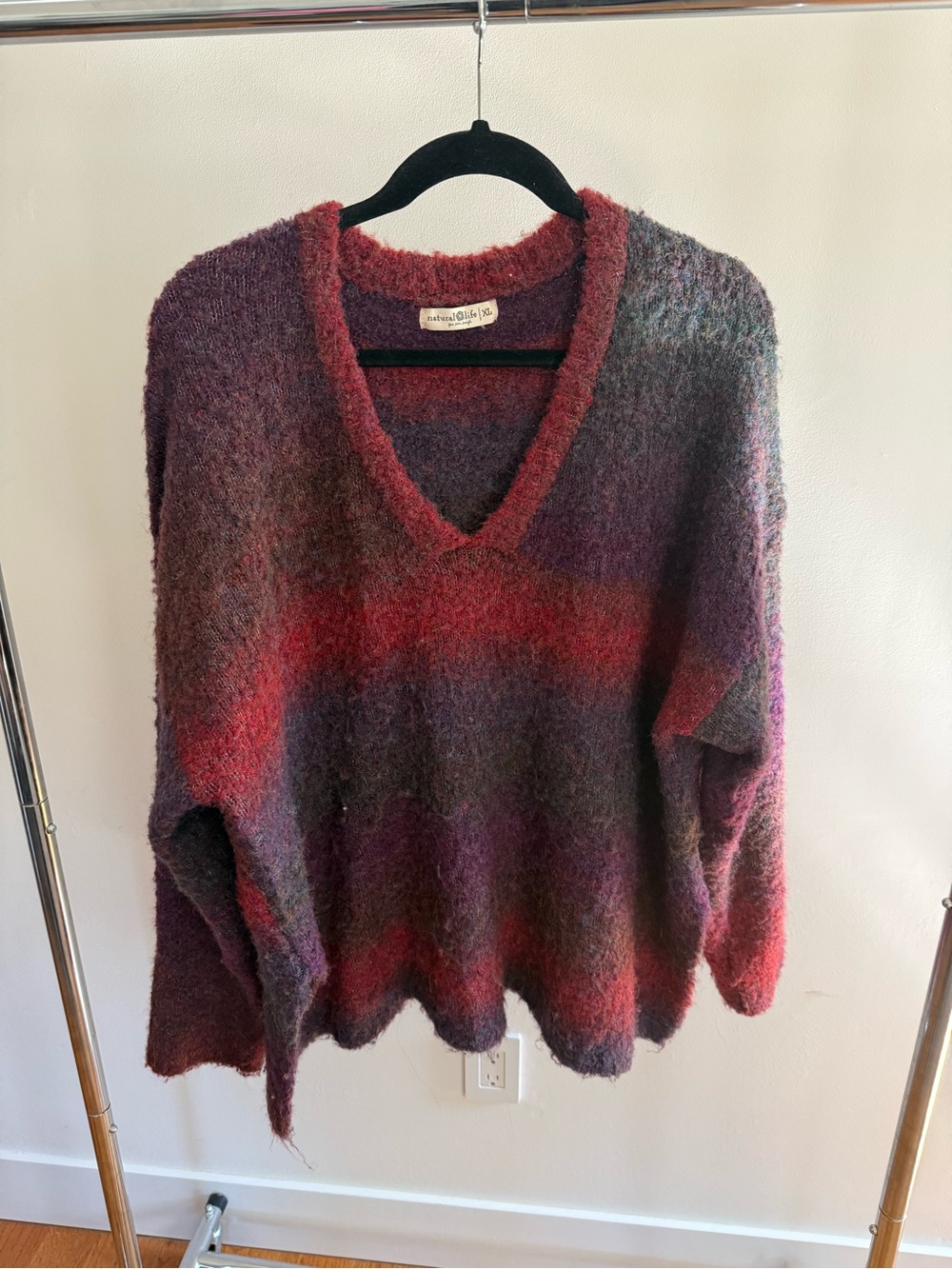 NATURAL LIFE Red and Purple Fuzzy V-Neck Sweater